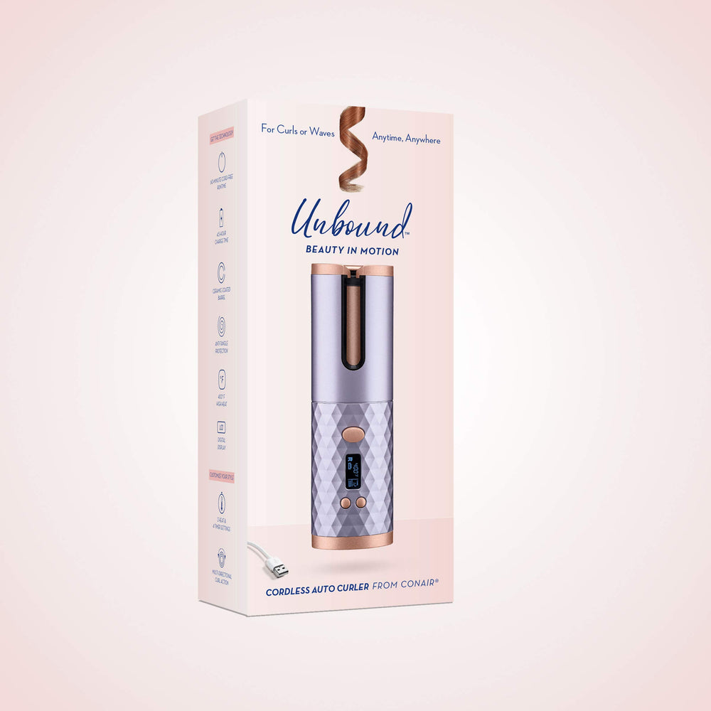 Conair Unbound cordless auto curler curl-chamber visualizes directional curling with anti-tangle protection.