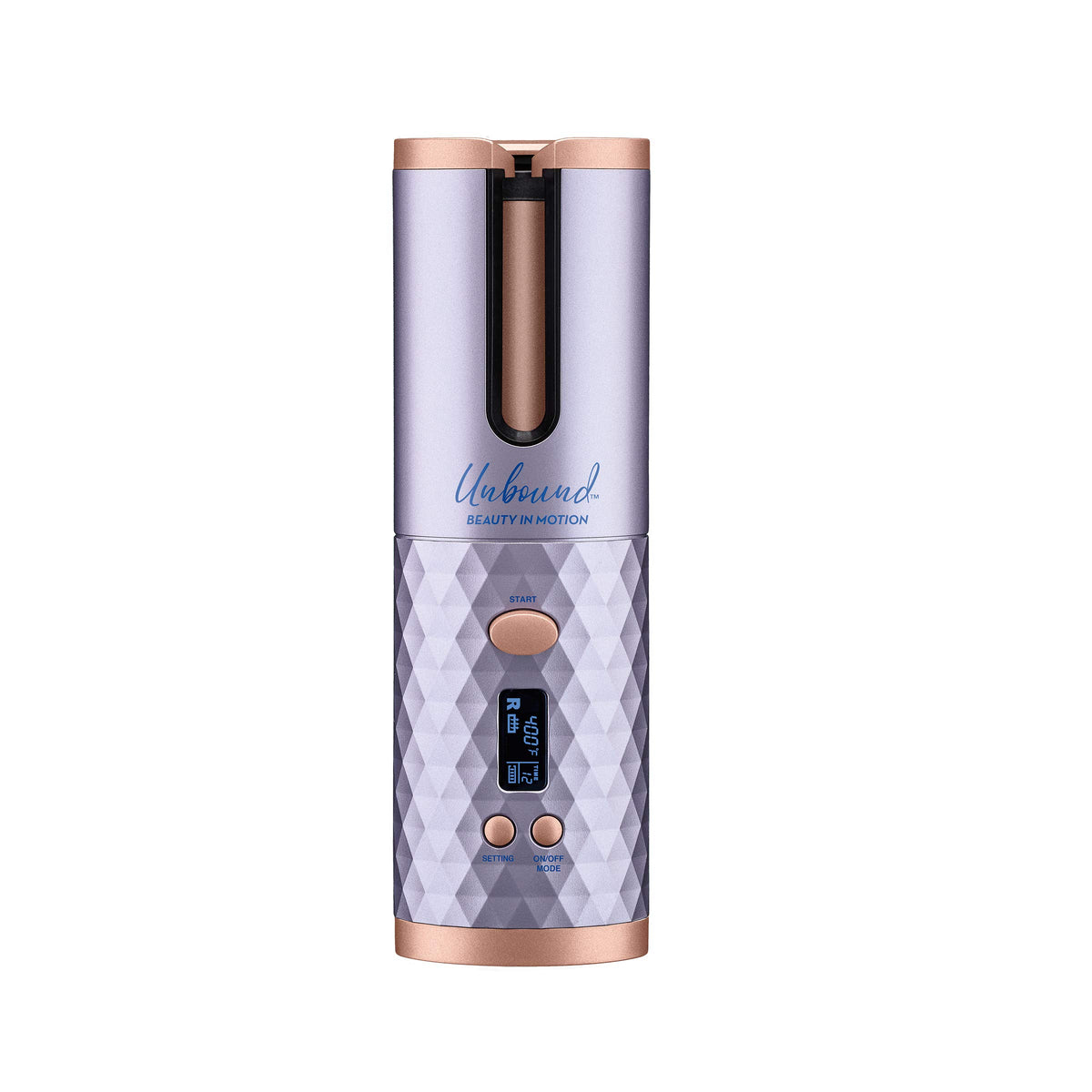 Conair Unbound Cordless Auto Curler front view highlighting cord-free design for travel styling.