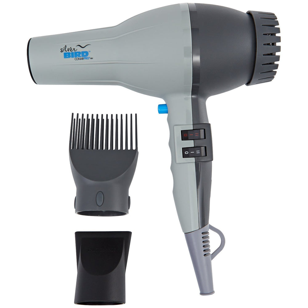 ConairPRO Silverbird Dryer attachments closeup showing concentrator and cool shot for precise styling.