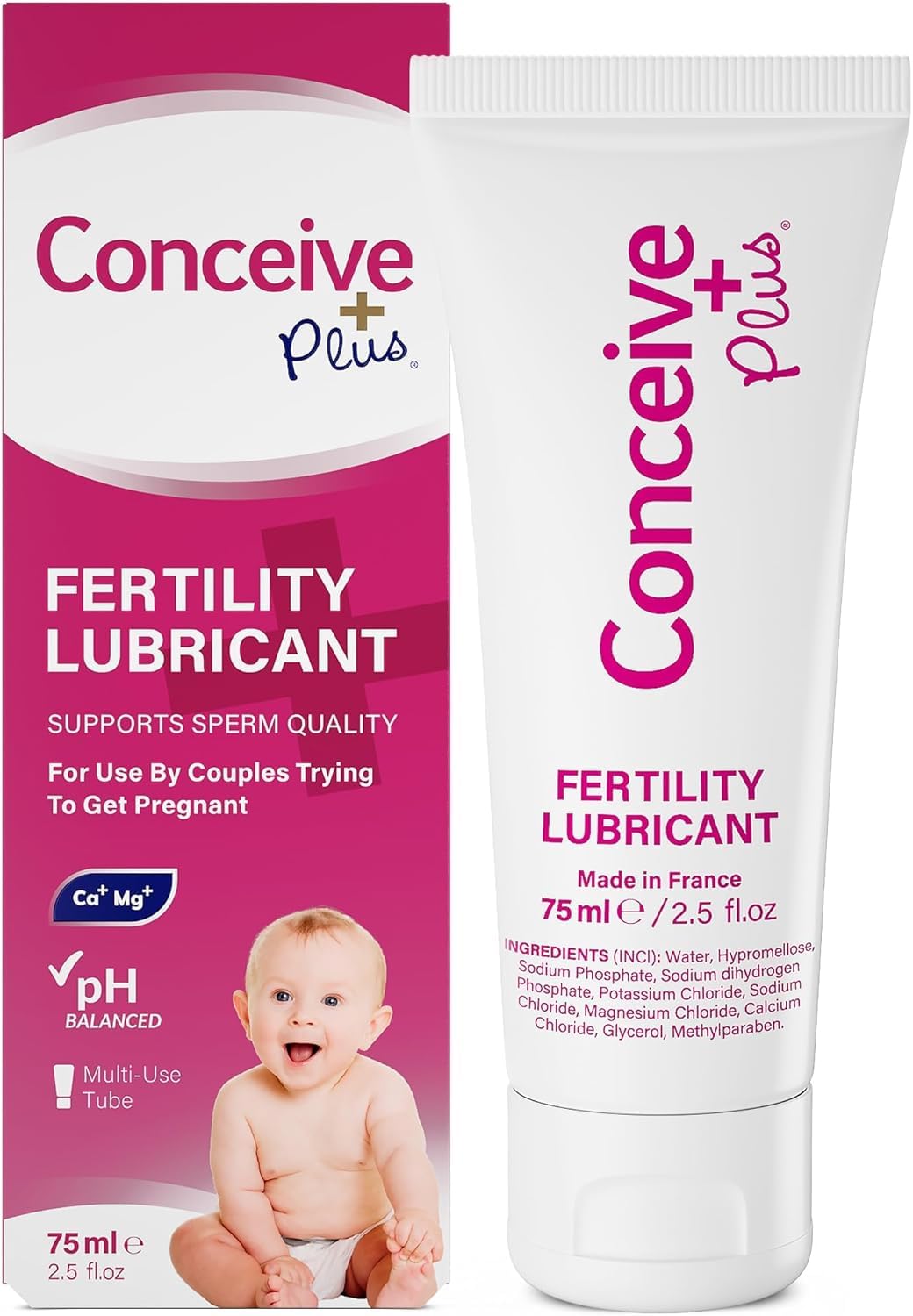 Conceive Plus fertility lubricant tube close-up, travel-friendly packaging for discreet use.