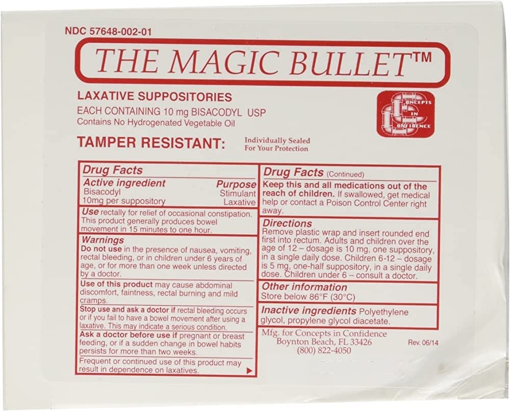 Concepts In Confidence Magic Bullet suppositories packaging showing four sleeves for convenient use.