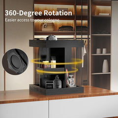 Coneqwliy black desk-nightstand display blends with decor while organizing scents.