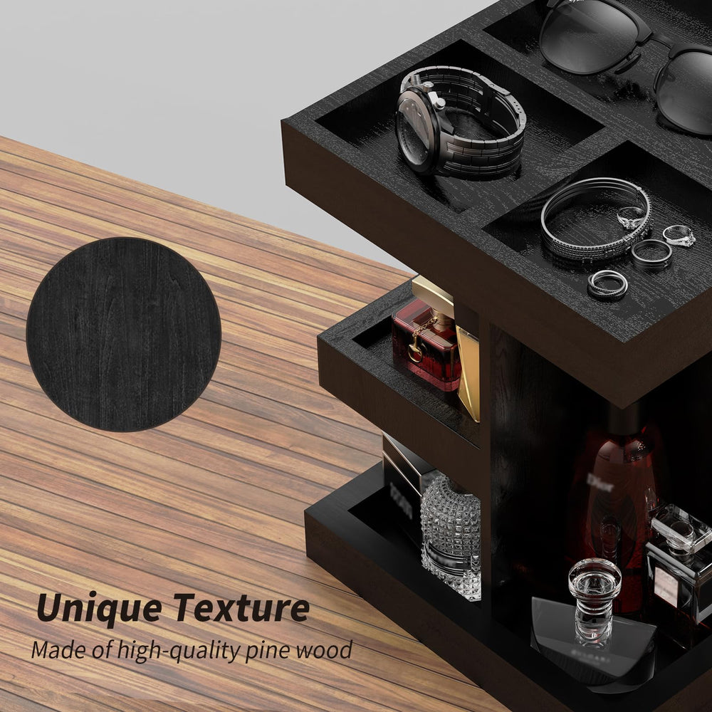 Coneqwliy wooden shelf fits dresser or bathroom with stylish storage.