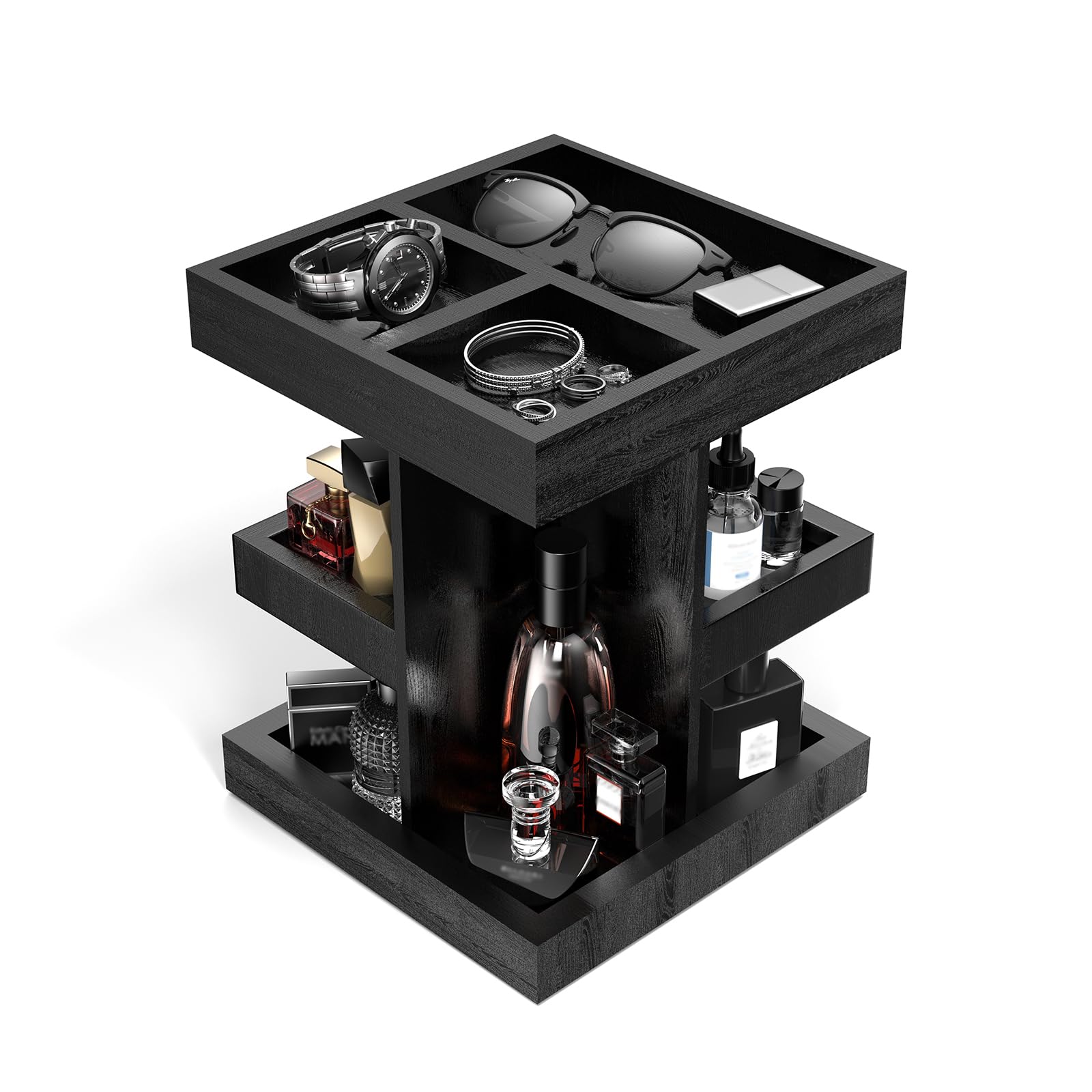 Coneqwliy wooden Cologne Organizer stand with 360° rotation for easy bottle access.