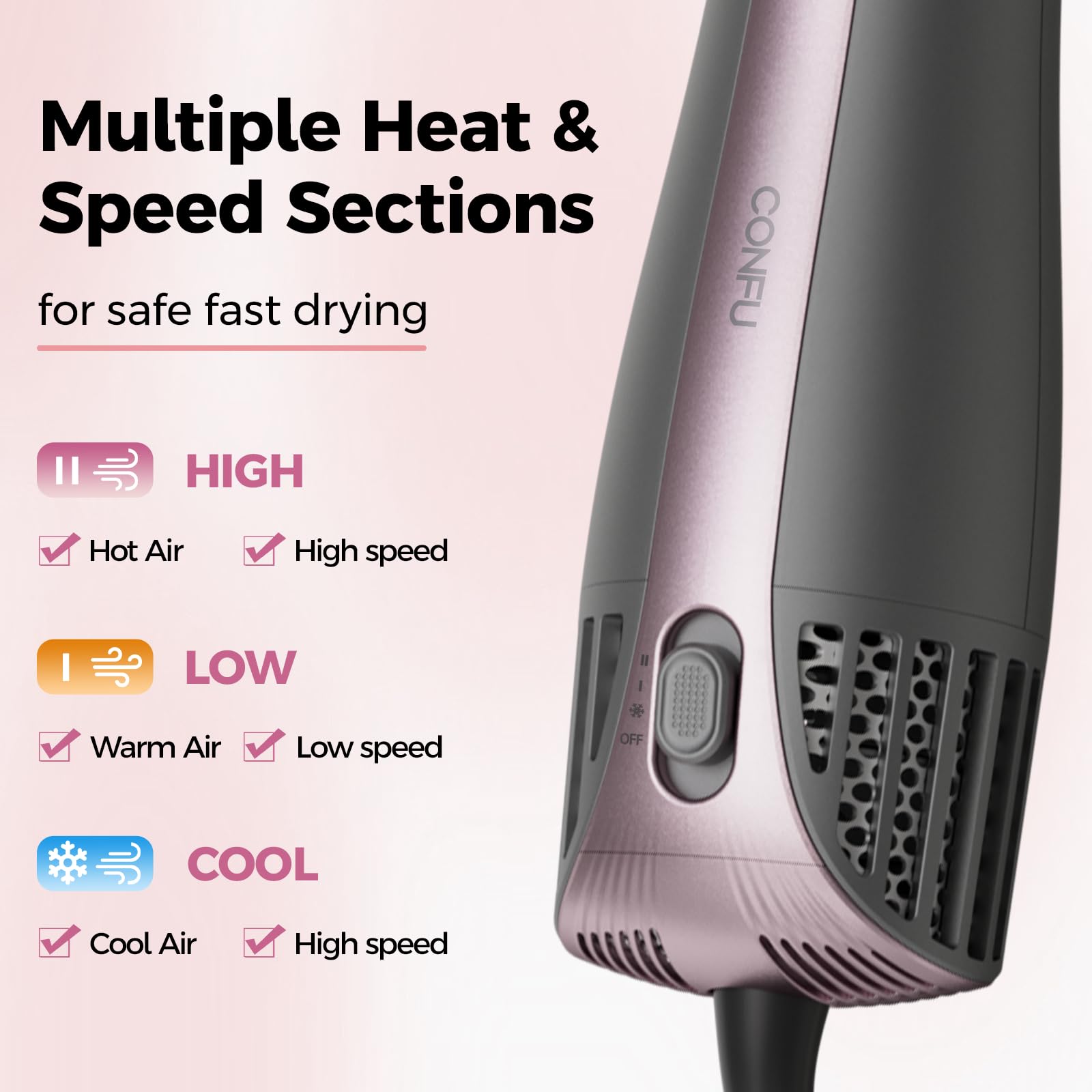 CONFU ionic technology locks moisture and reduces frizz.