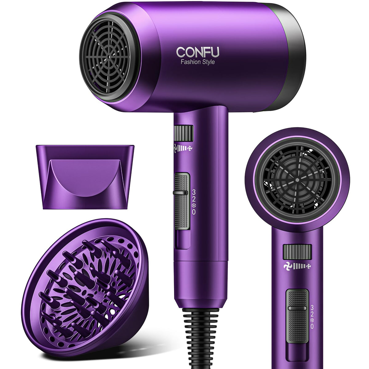 CONFU hair dryer diffuser closeup showing curl enhancement and fast drying potential