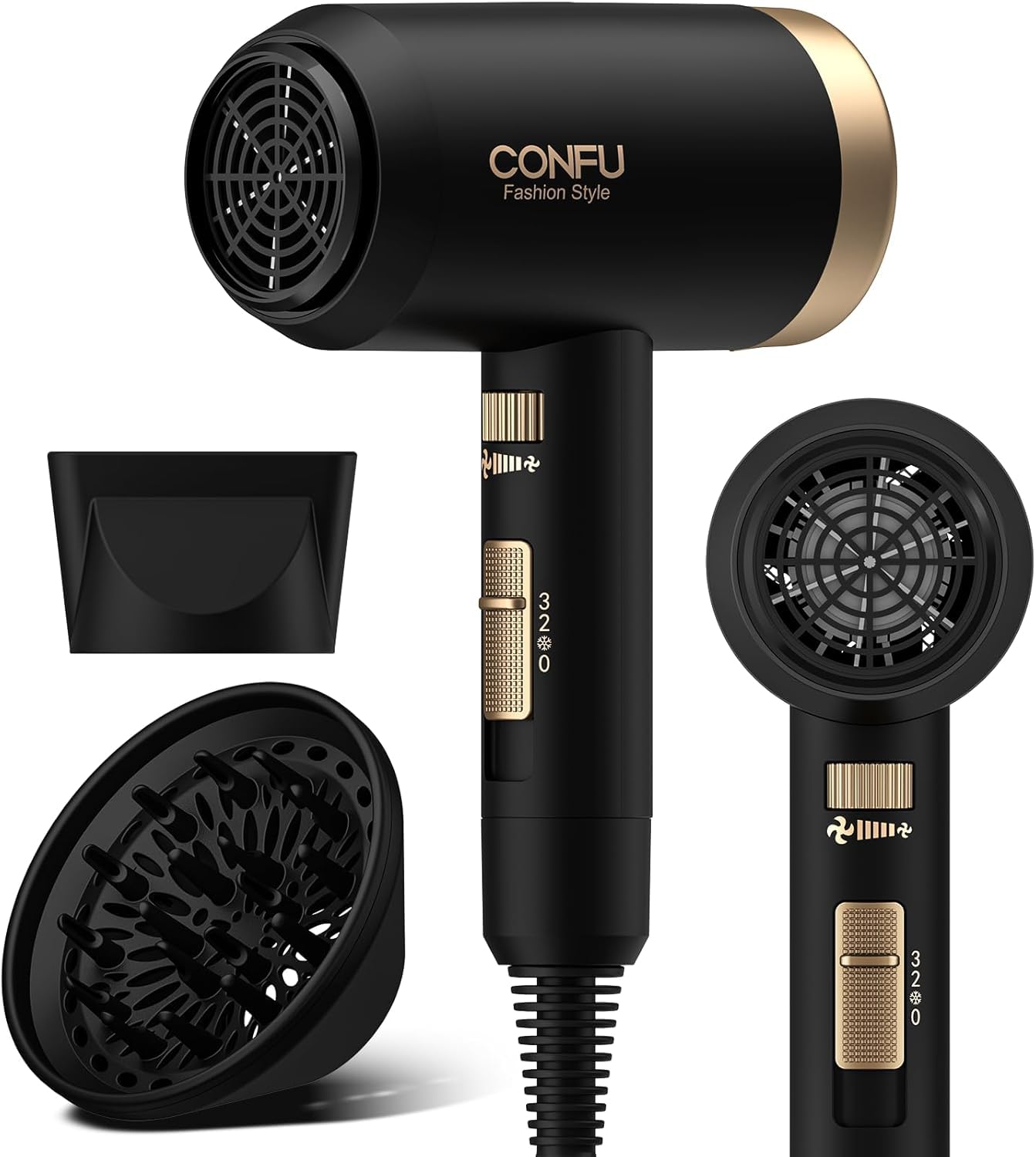 CONFU hair dryer front view highlights compact design and fast drying power