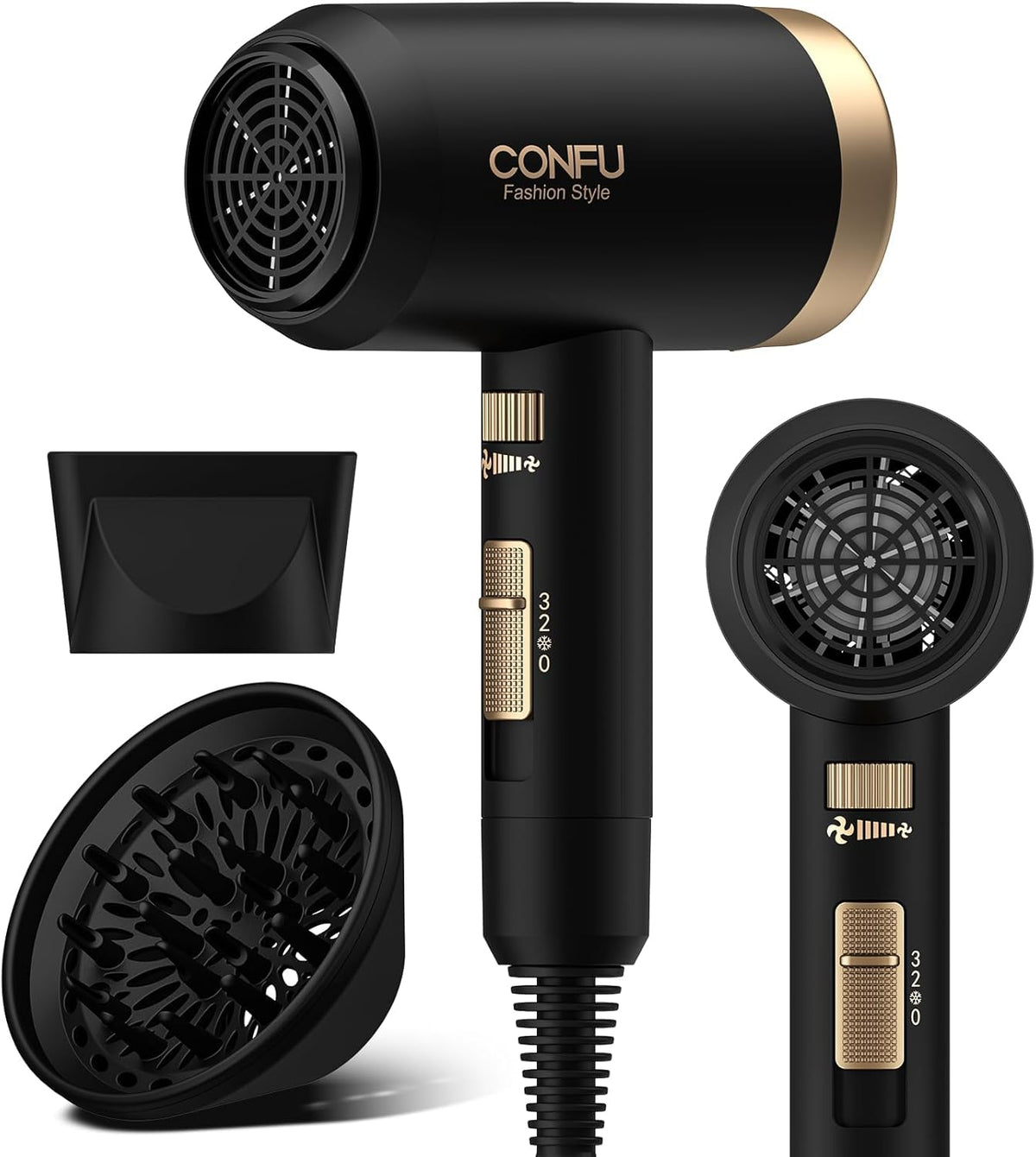 CONFU hair dryer front view highlights compact design and fast drying power