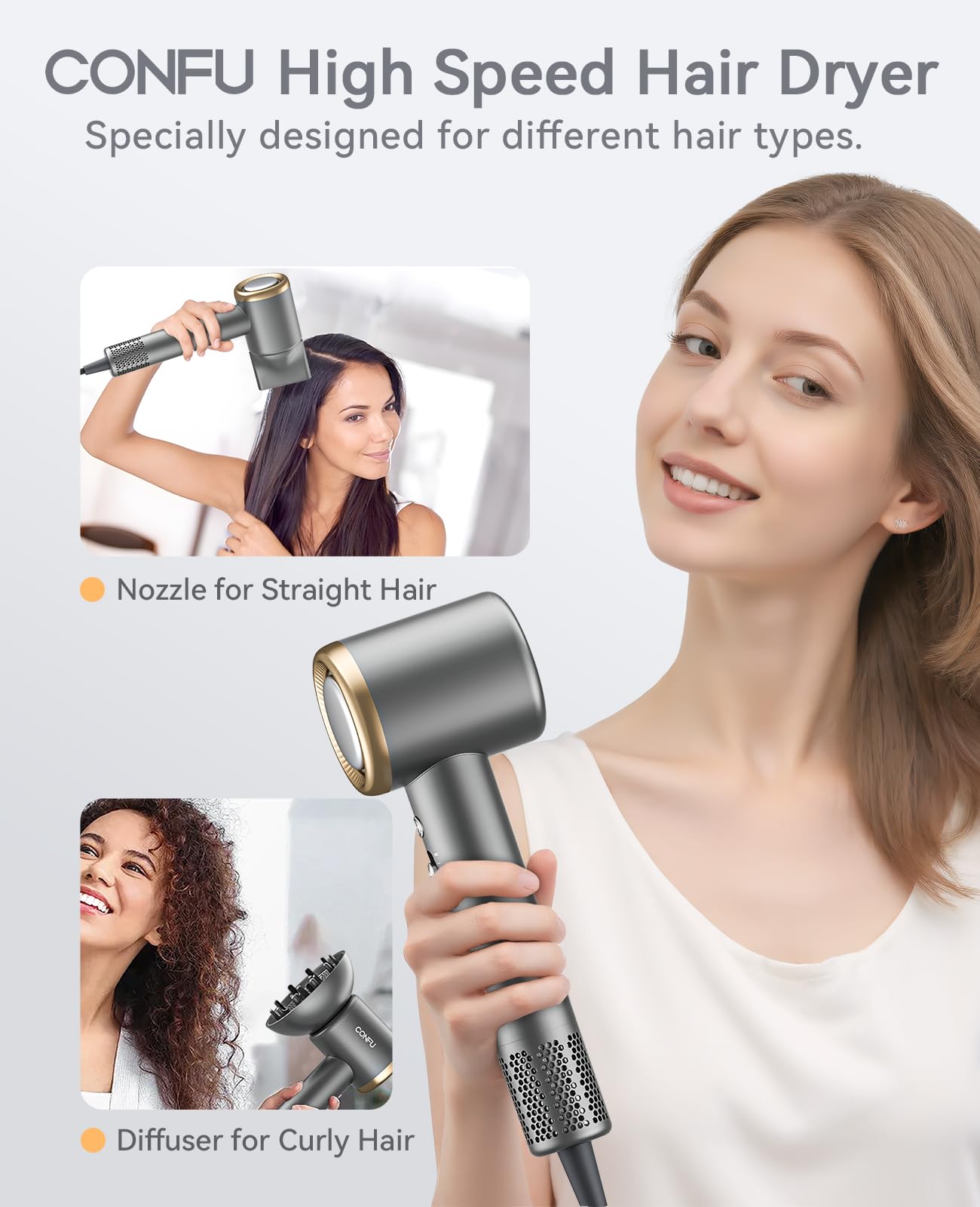 CONFU hair dryer with negative ion technology reduces static for sleeker, shinier hair.