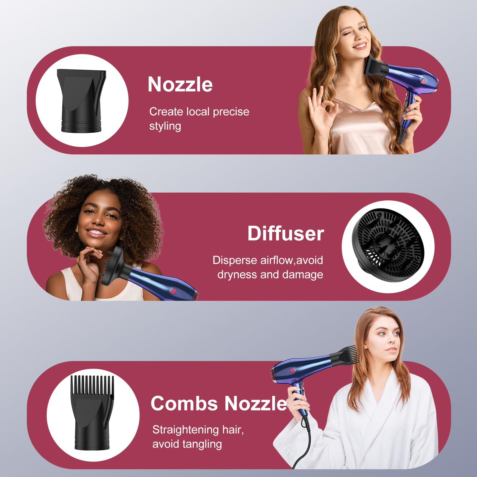 CONFU Hair Dryer Pro comb nozzle for detangling and smoothing thick hair.