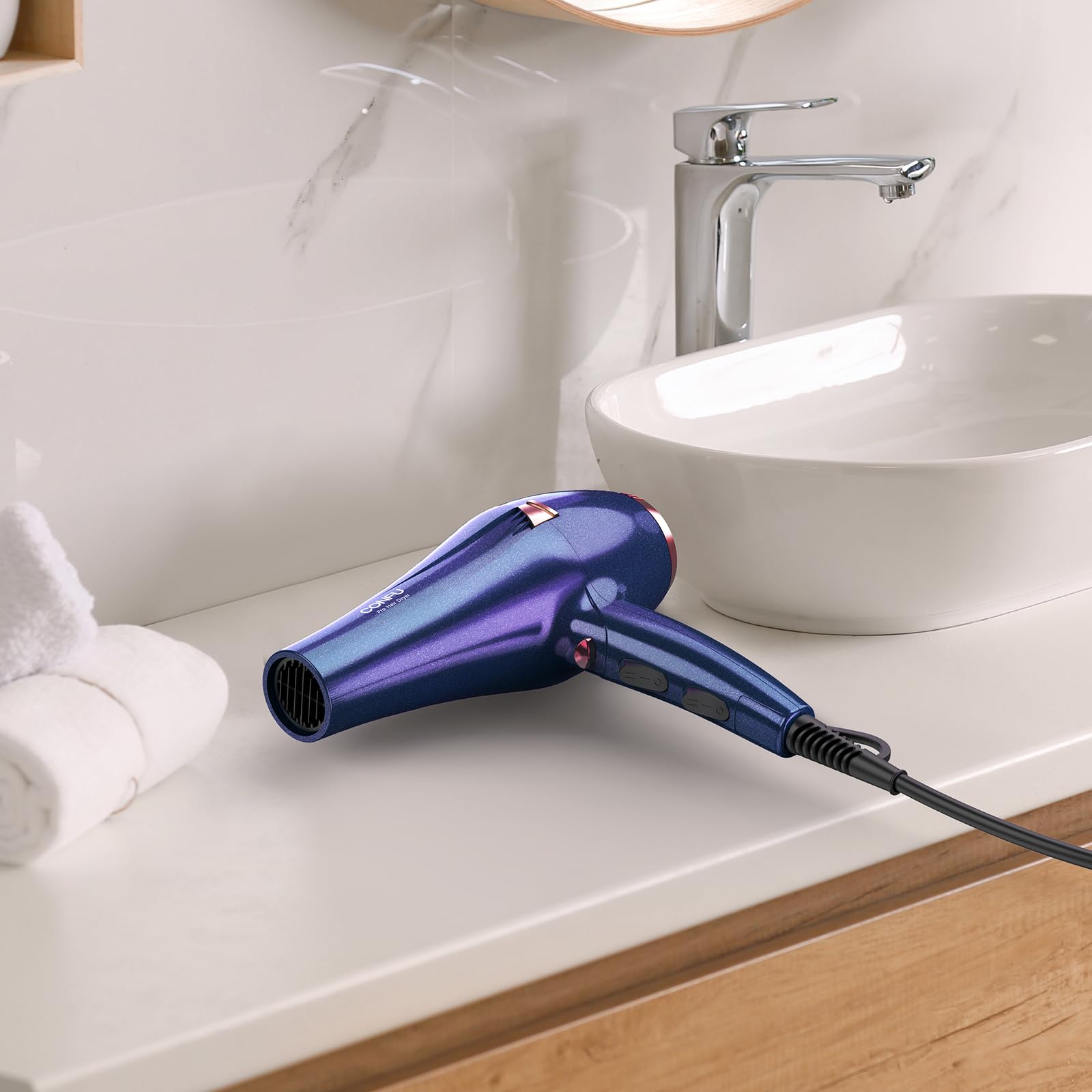 CONFU Hair Dryer Pro ergonomic handle and long cord for easy maneuvering.