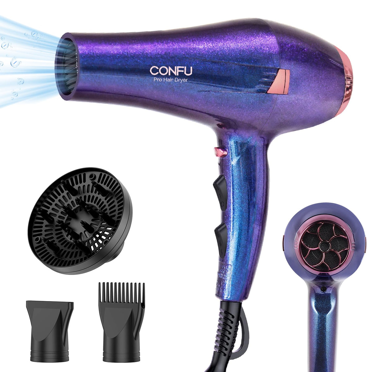CONFU Hair Dryer Pro front view showing sleek design and powerful airflow.