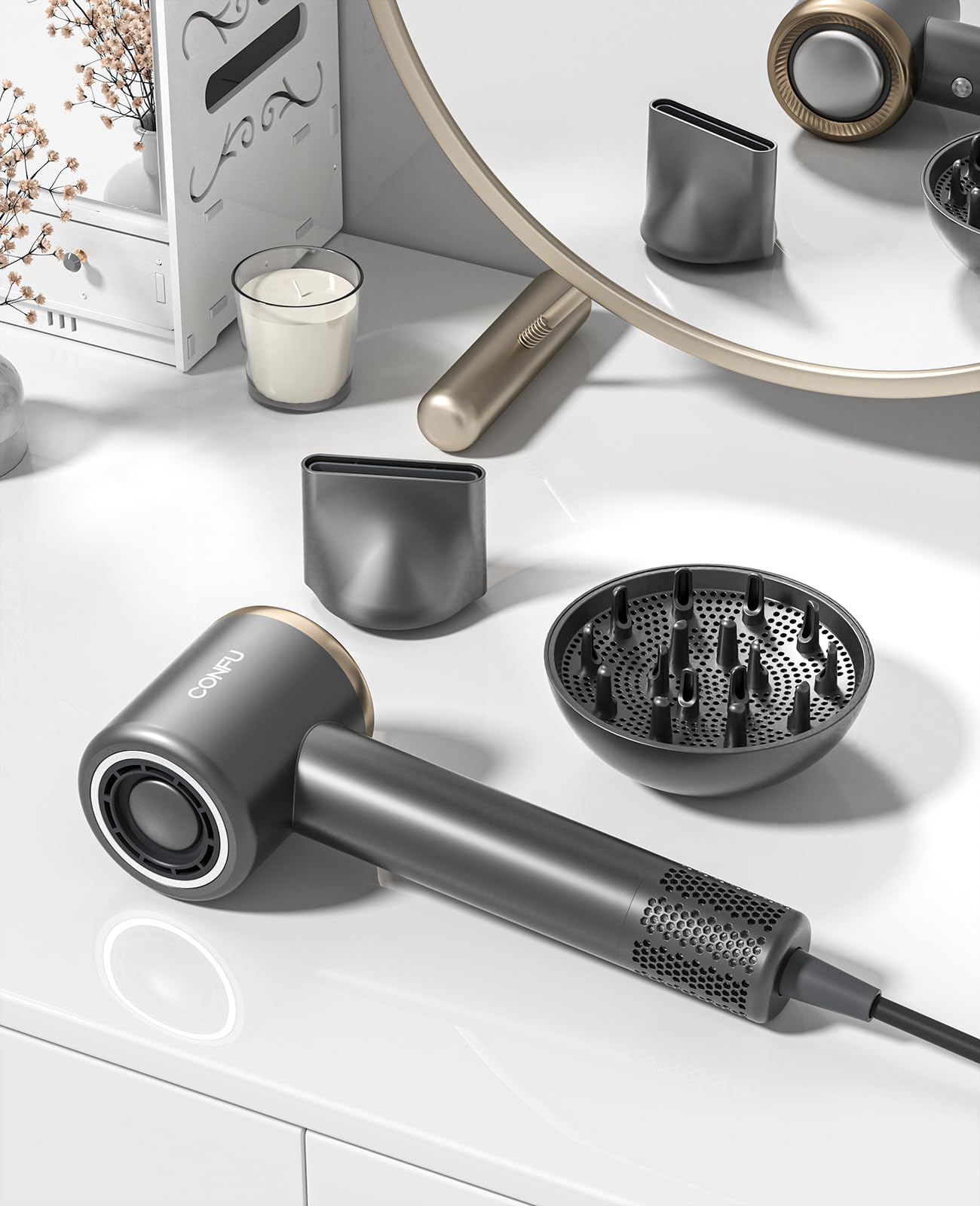 CONFU quiet operation and safety plug offer calm styling and electrical protection.