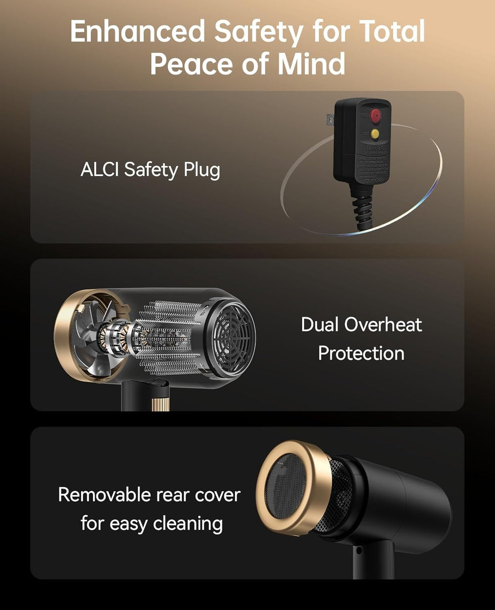 CONFU hair dryer safety features include overheat protection and ALCI plug
