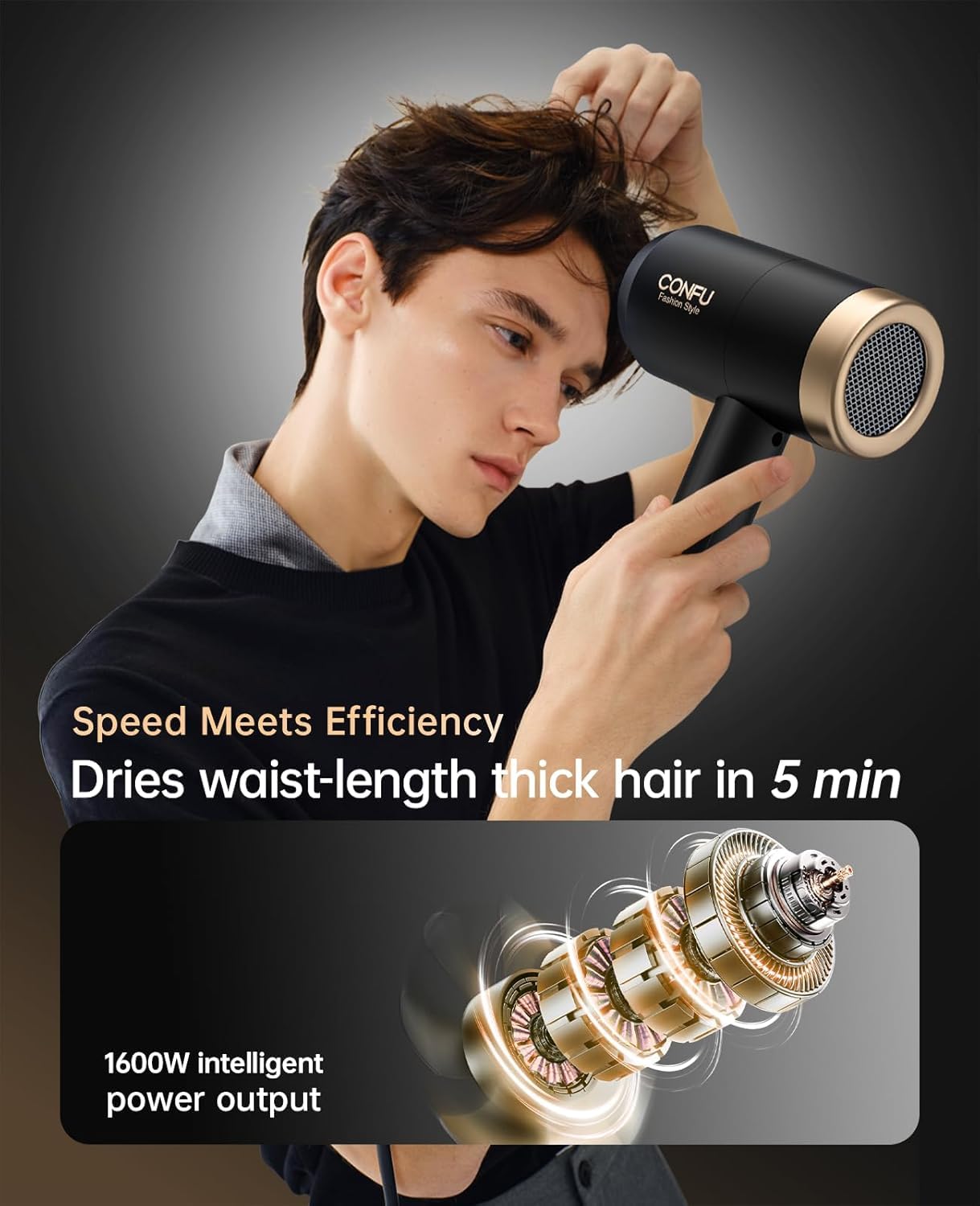 CONFU hair dryer side view demonstrates portable, lightweight build ideal for travel