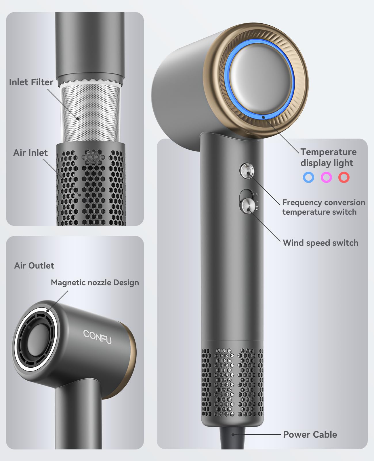 CONFU temperature control system keeps heat safe while preserving hair integrity during styling.
