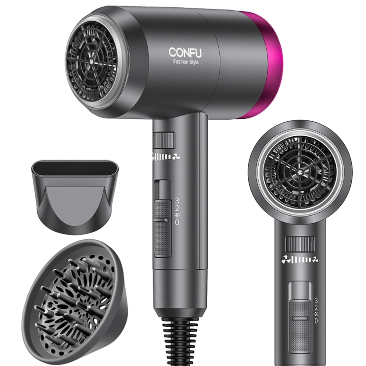CONFU Ionic Blow Dryer 1600W front view shows compact, fast home and travel drying.