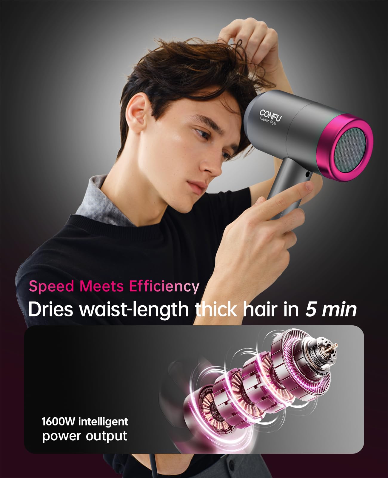 CONFU Ionic Blow Dryer 1600W side handle highlights lightweight grip for easy styling.