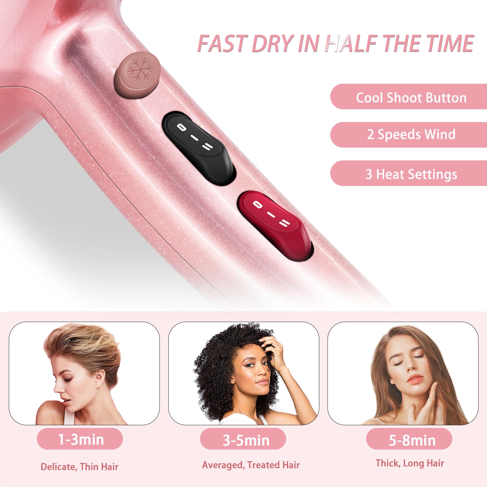 Conhaze Ionic Hair Dryer diffuser-attached Sakura Pink demonstrates versatile curling and diffusion for defined styles.