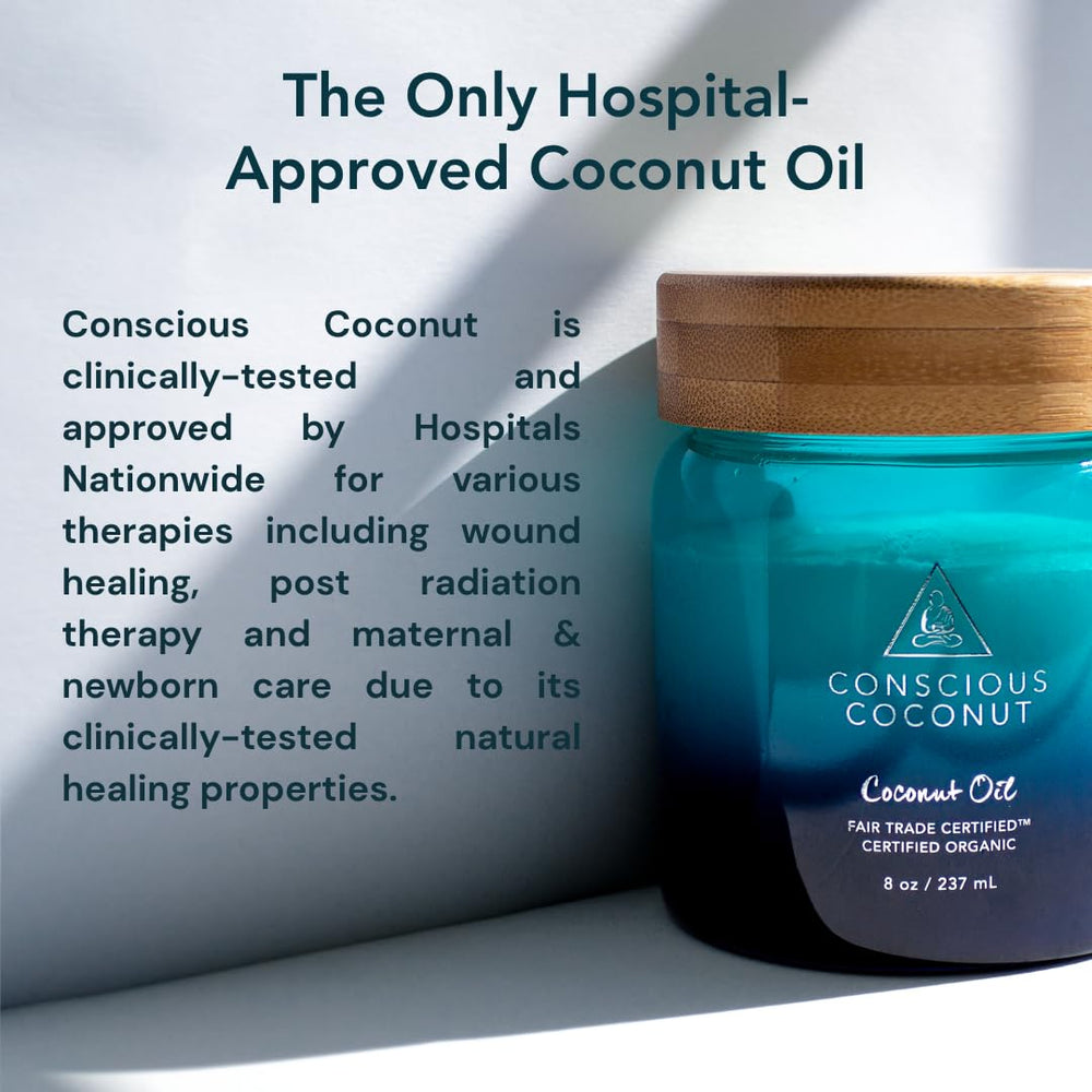 Conscious Coconut Fair Trade packaging image emphasizes ethical sourcing and community impact.