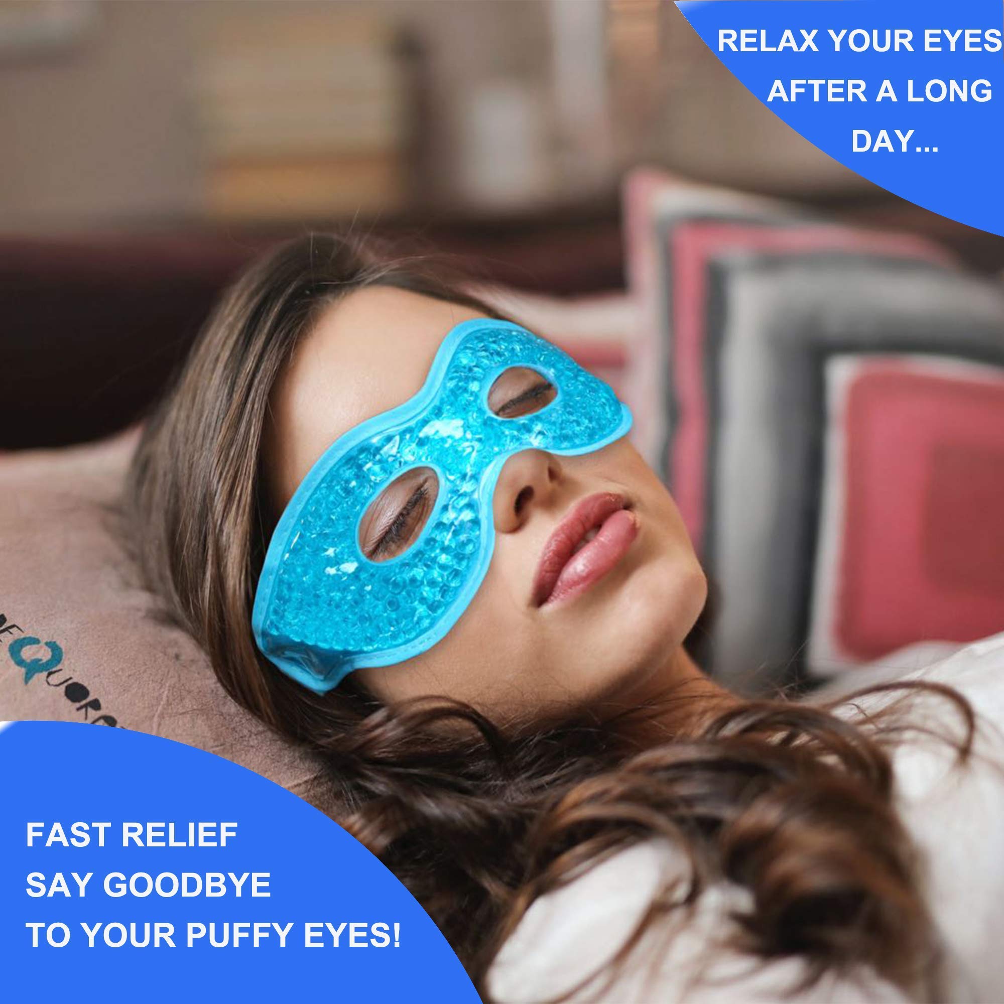 CONSGIJI gel eye mask blue in-use under eyes for relaxation.