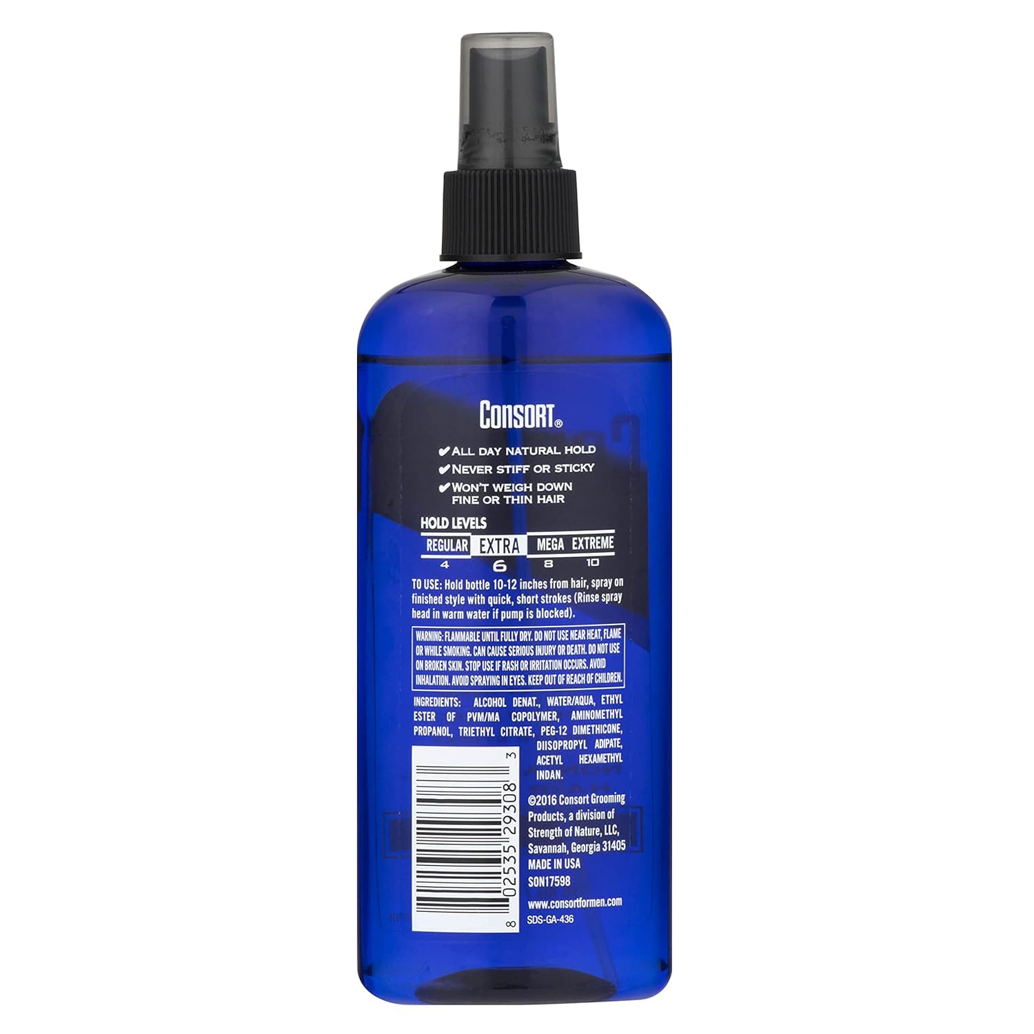 Consort hair spray 12-hour-hold bottle demonstrates all-day style stability.