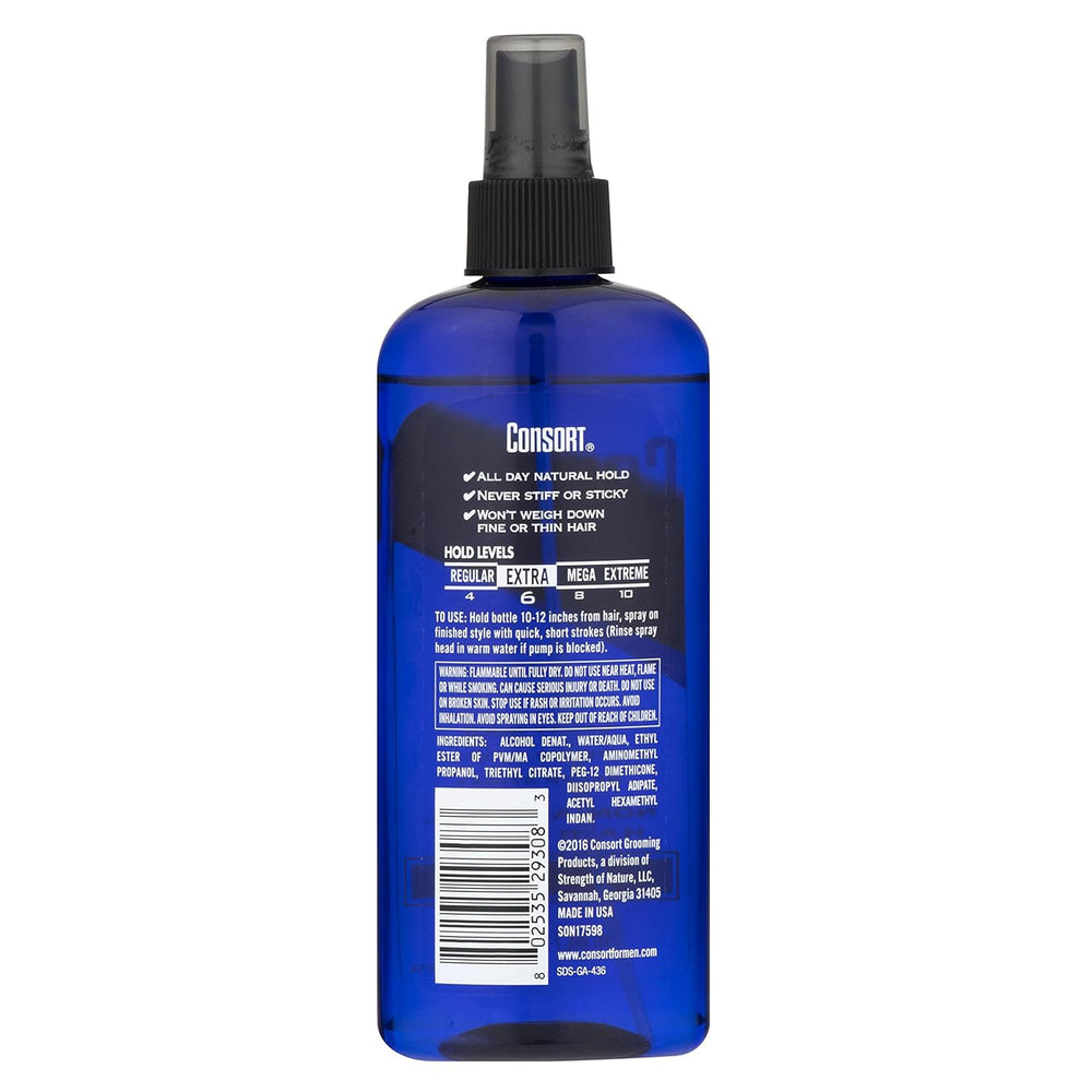 Consort hair spray 12-hour-hold bottle demonstrates all-day style stability.