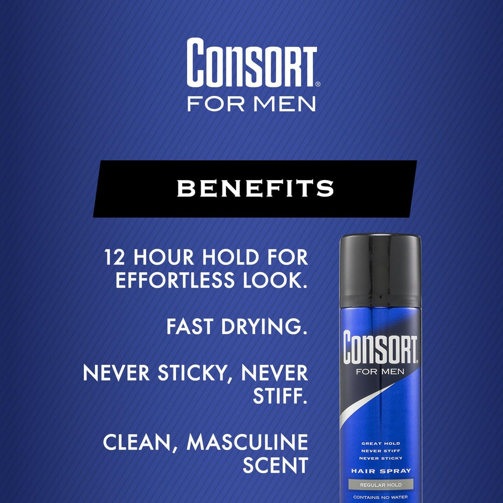 Consort Hair Spray no-water formula image communicates lightweight, clean feel.