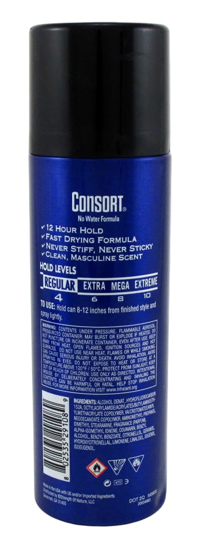 Consort Hair Spray 12-hour regular hold close-up underscores reliable performance.