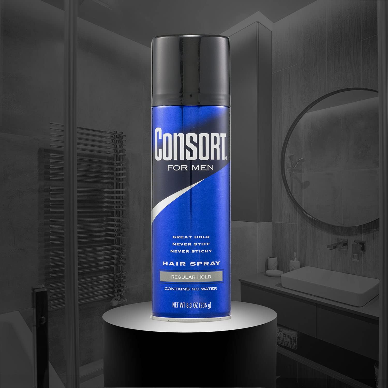Consort Hair Spray 8.3 oz back view highlights three-pack packaging for flexible styling.