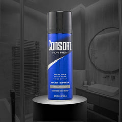 Consort Hair Spray 8.3 oz back view highlights three-pack packaging for flexible styling.