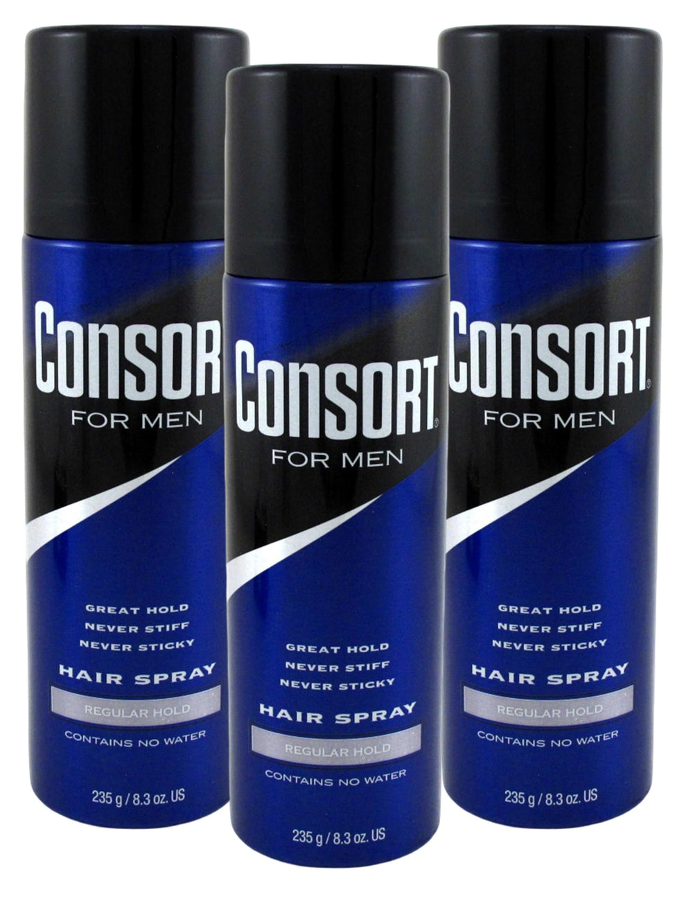 Consort Hair Spray 8.3 oz front view shows pack-of-3 regular-hold bottles for everyday styling.