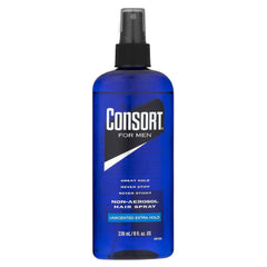 Consort Hair Spray Men bottle showcases unscented, natural hold for everyday style.