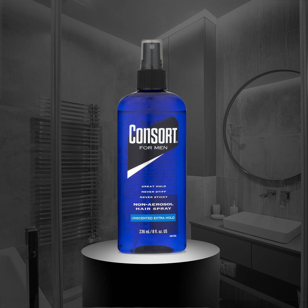 Consort hair spray pack-of-4 display highlights value and convenience.