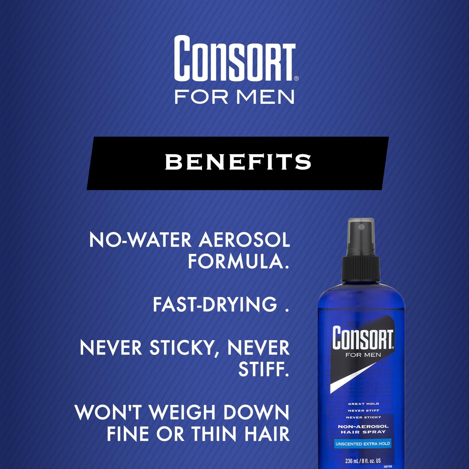 Consort hair spray unscented bottle closeup signals fragrance-free grooming.