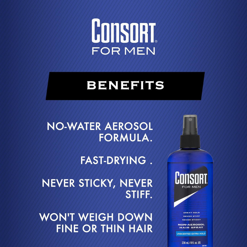 Consort hair spray unscented bottle closeup signals fragrance-free grooming.