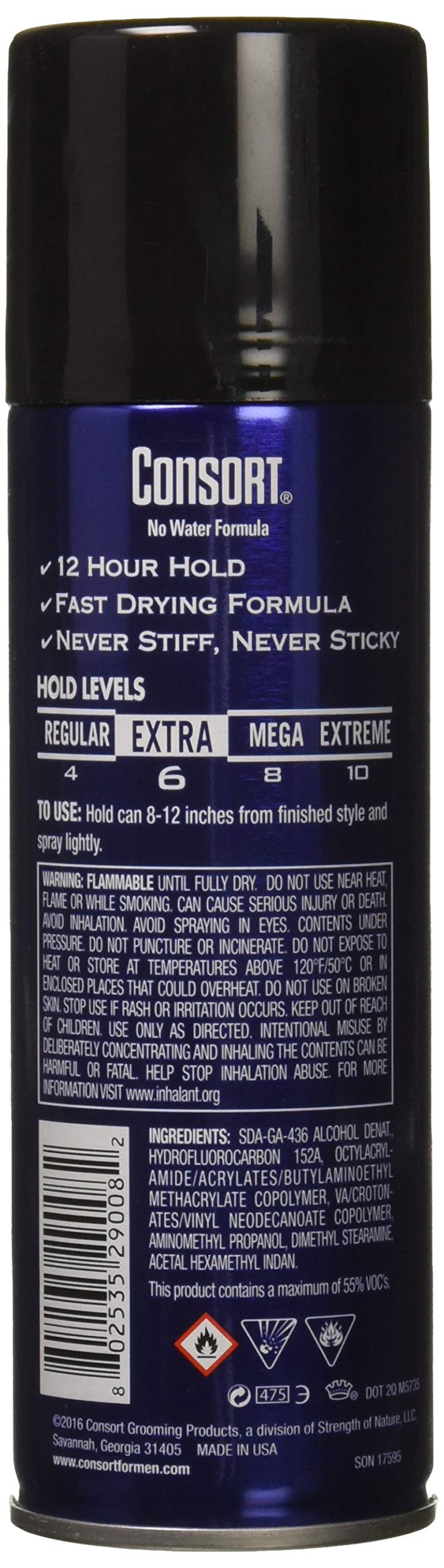 Consort for Men unscented extra-hold spray mist-dispense enables quick-dry styling