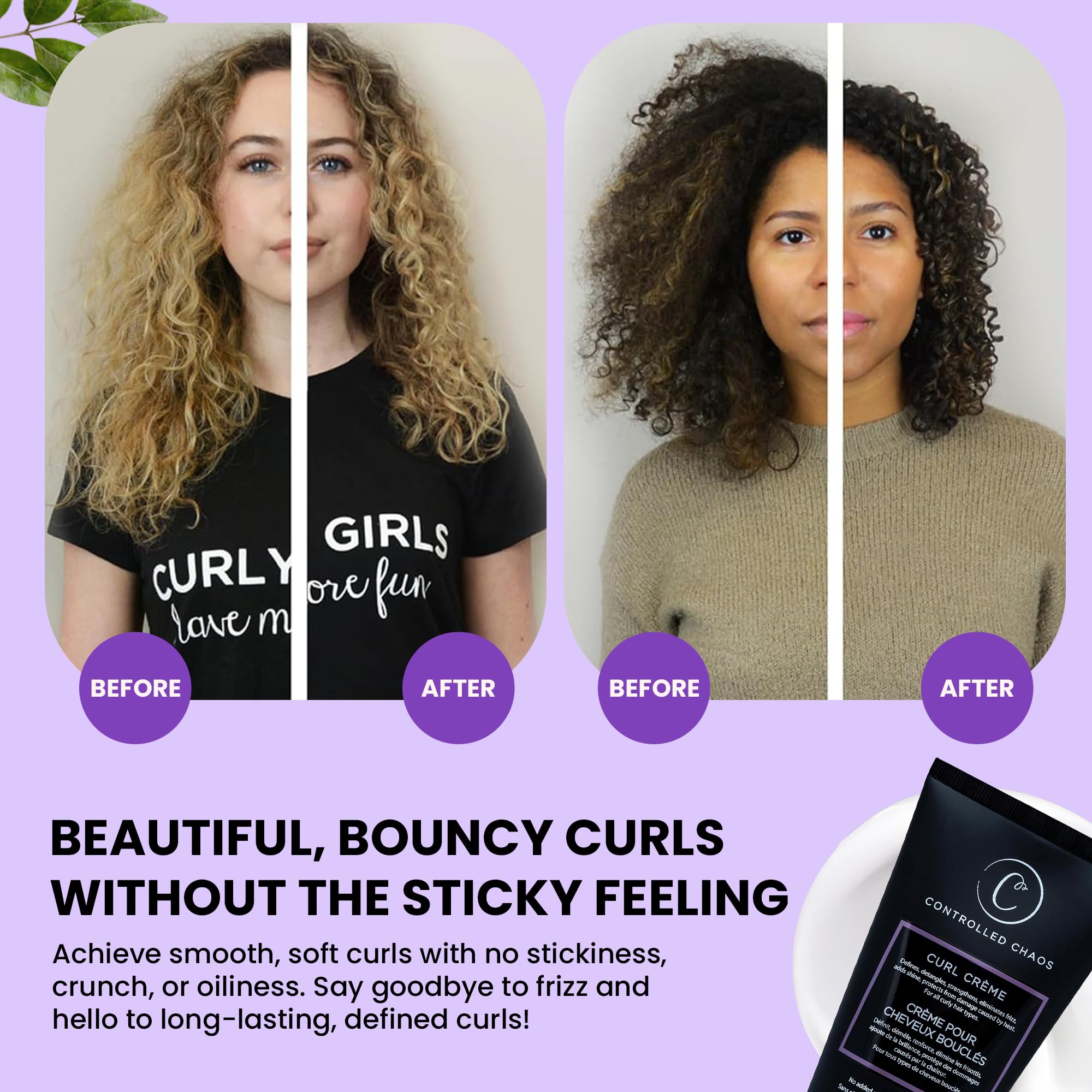 Controlled Chaos Curl Cream heat-protection spotlight, glossy finish and resilient curls.