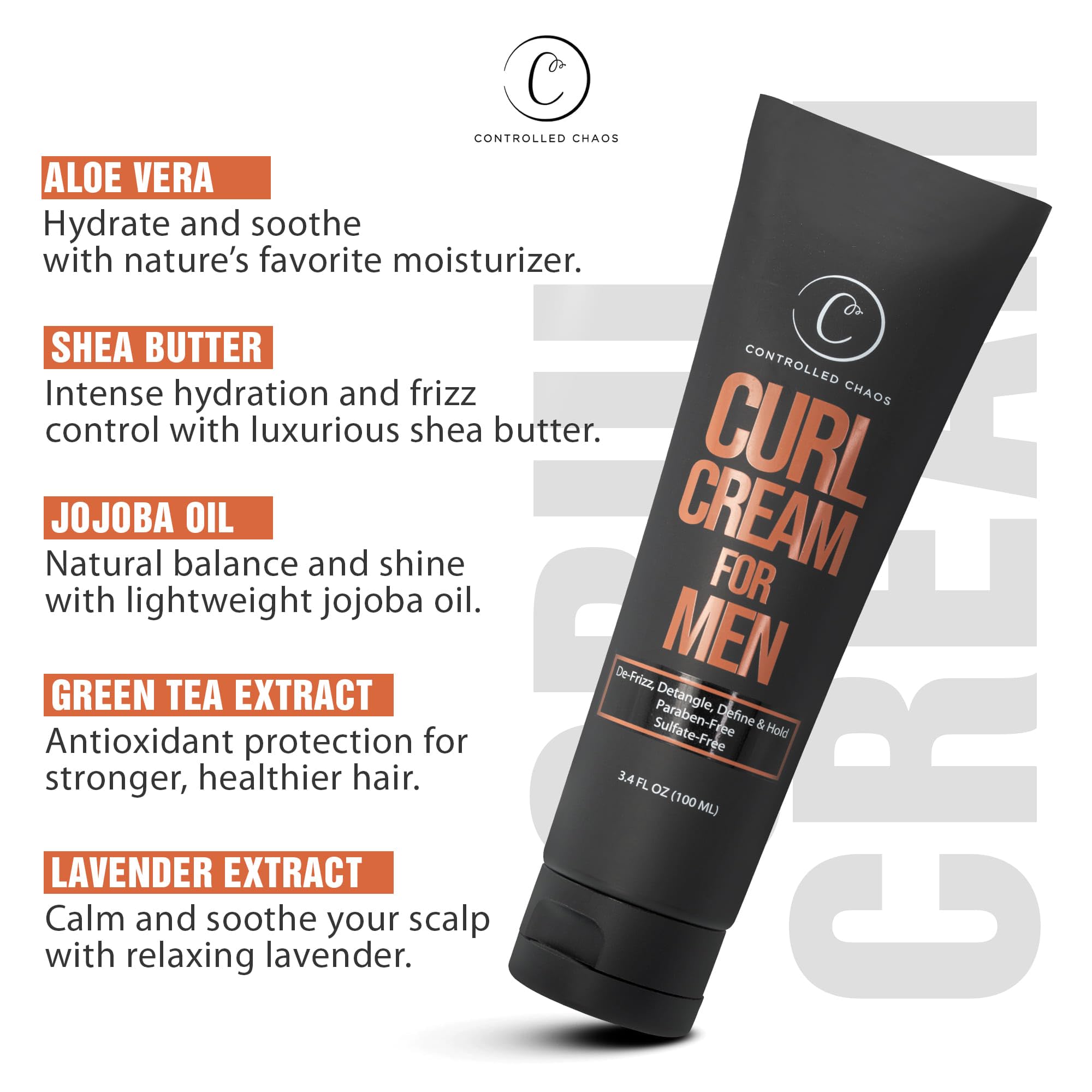 Controlled Chaos curl cream natural extracts image suggests soothing scalp friendly formula
