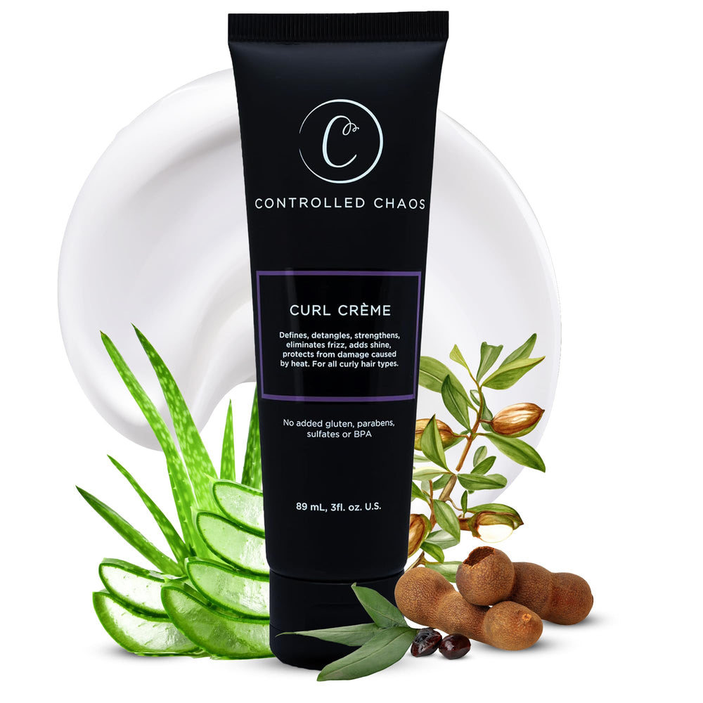 Controlled Chaos curl-defining-cream bottle promotes frizz control with a smooth finish