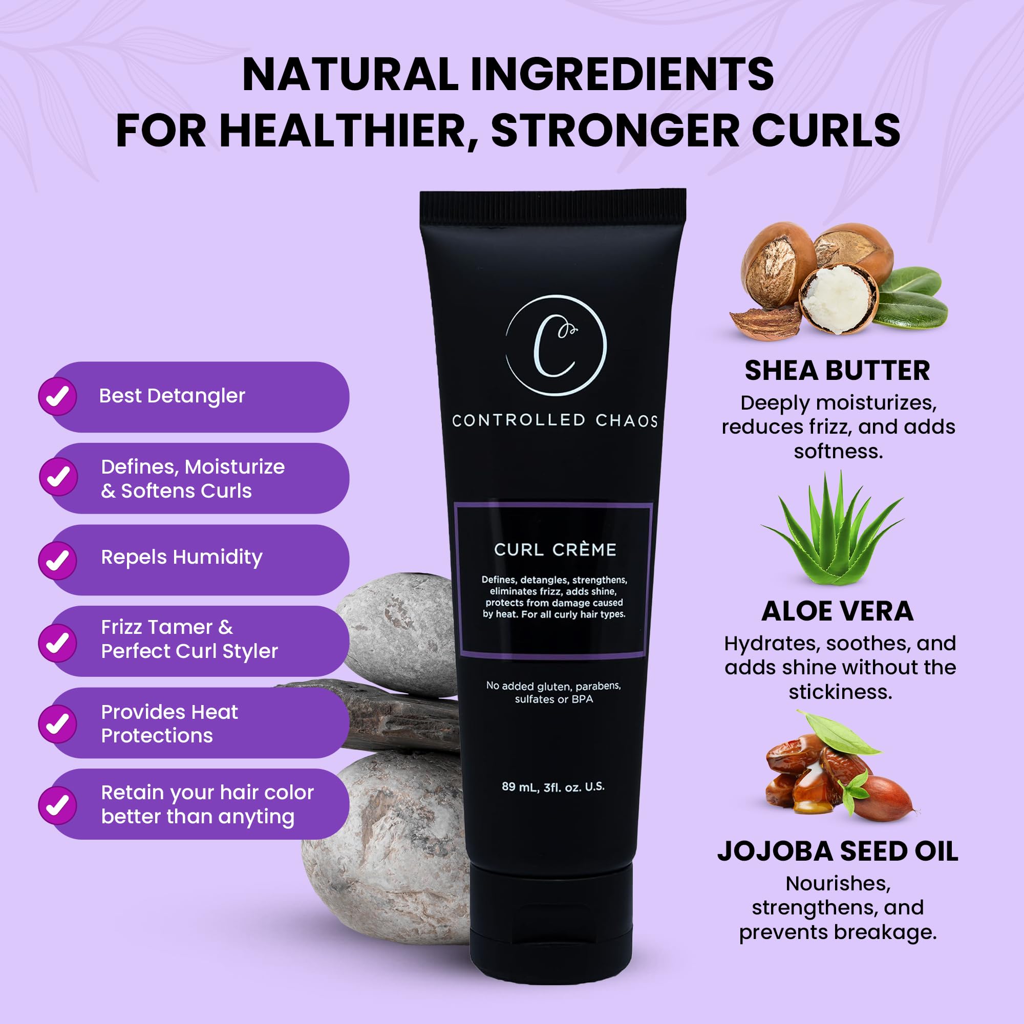 Controlled Chaos packaging highlights sulfate-free and premium quality packaging