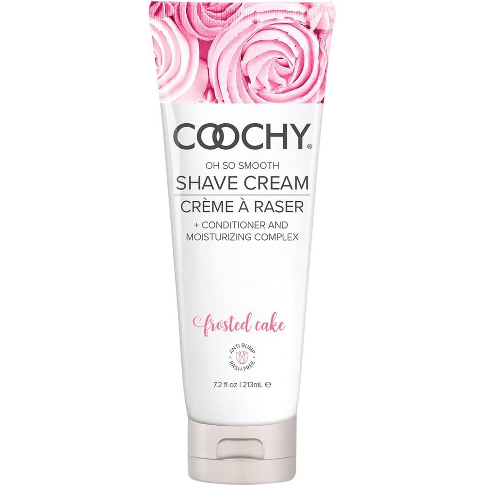 Coochy Shave Cream Frosted Cake, frasco visible para hidratación suave durante el afeitado.