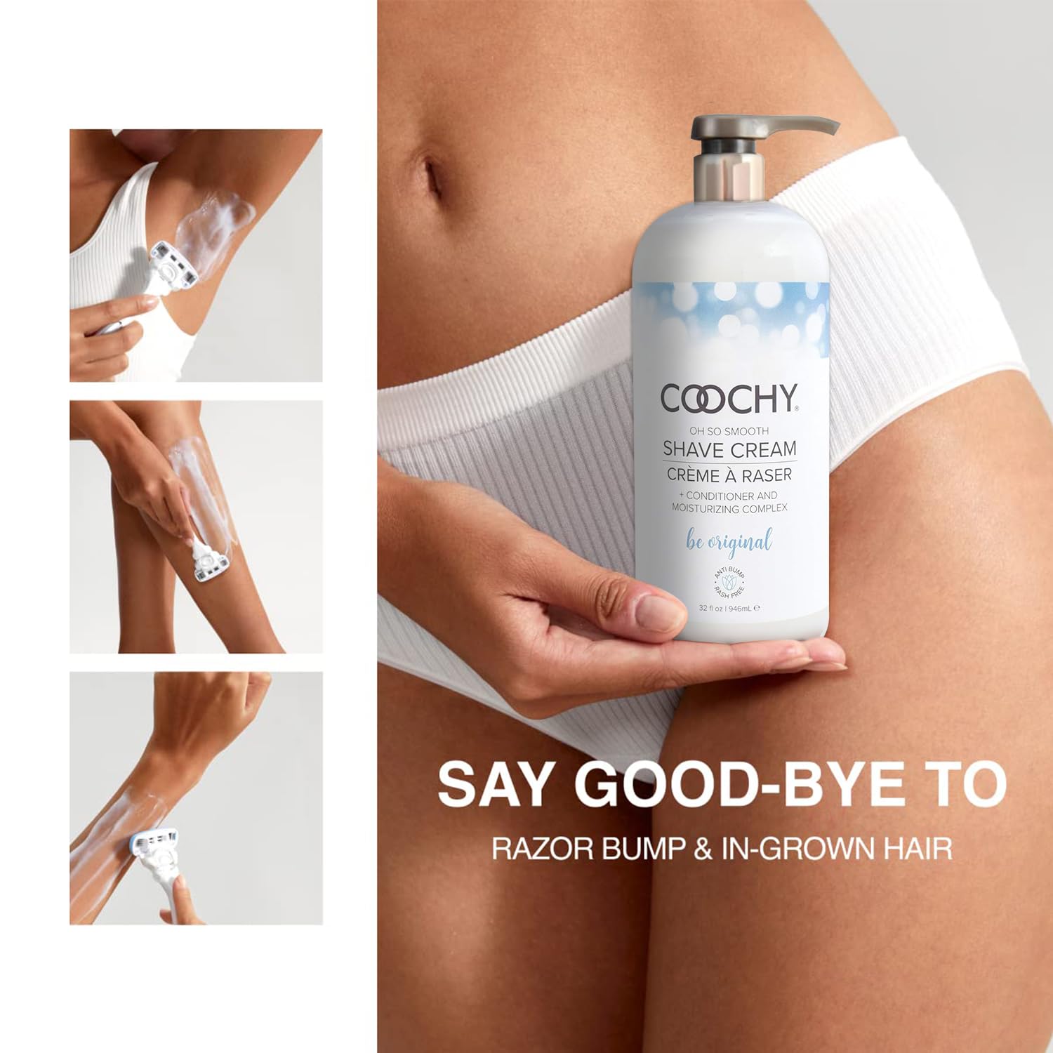 Coochy packaging and Be Original 32 oz shown for easy grooming.