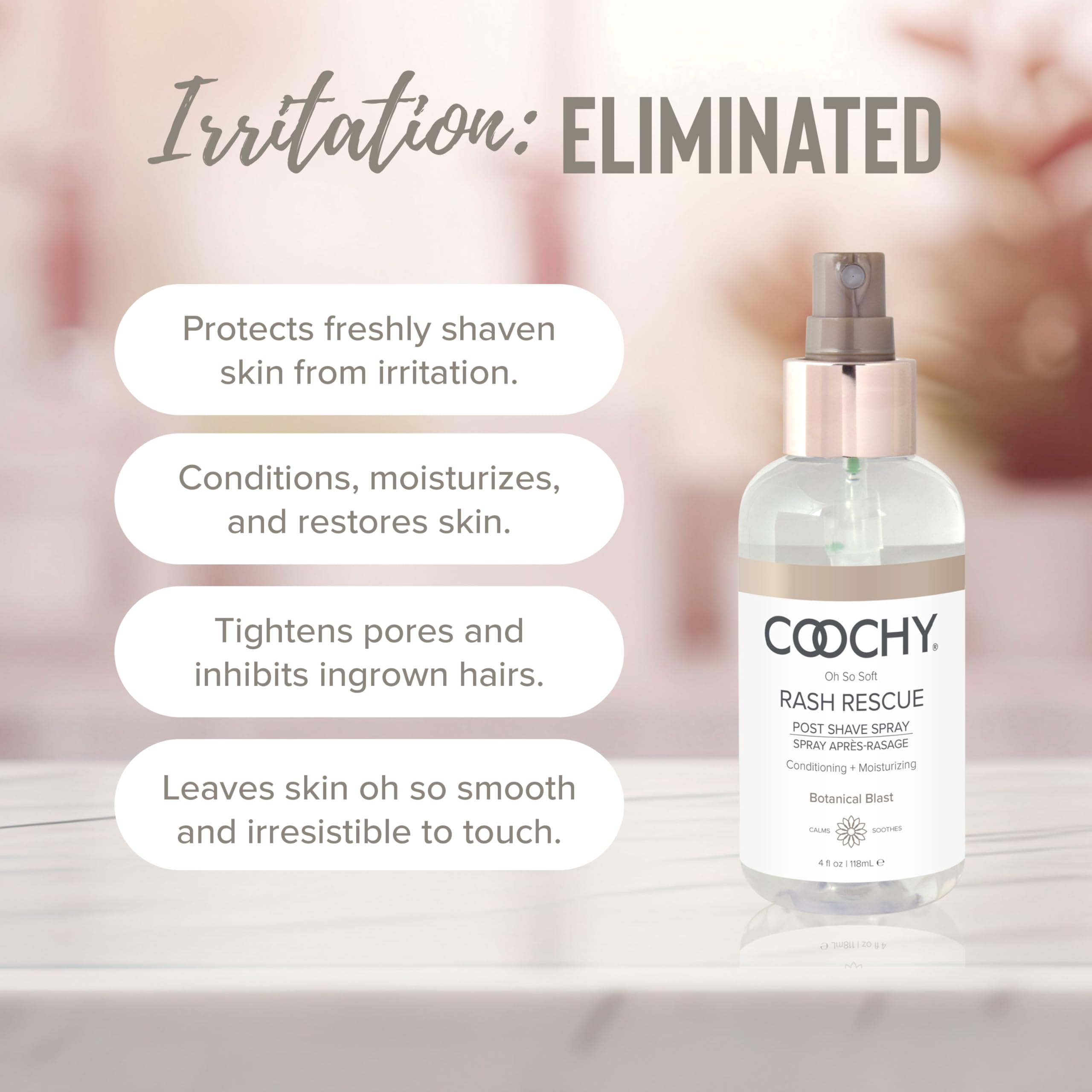 Coochy Rash Rescue post-shave mist application close-up showing lightweight hydration for sensitive skin.