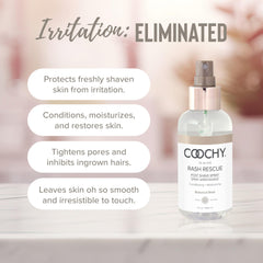 Coochy Rash Rescue post-shave mist application close-up showing lightweight hydration for sensitive skin.