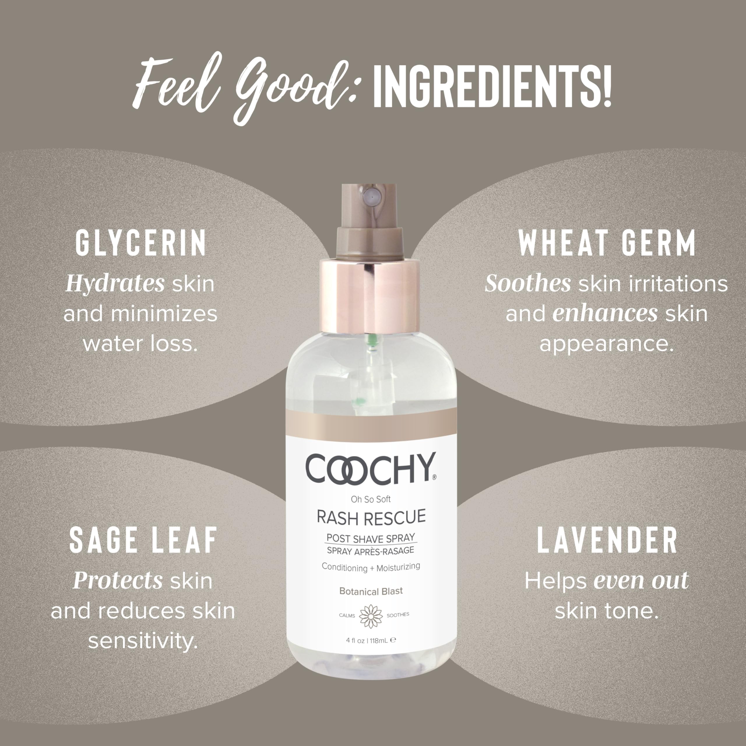 Coochy Rash Rescue post-shave spray used on bikini area for lasting softness and comfort.