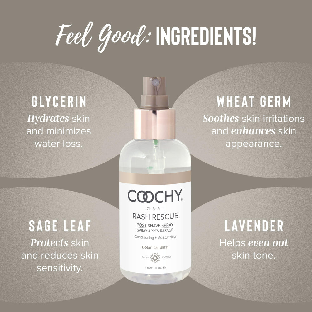 Coochy Rash Rescue post-shave spray used on bikini area for lasting softness and comfort.