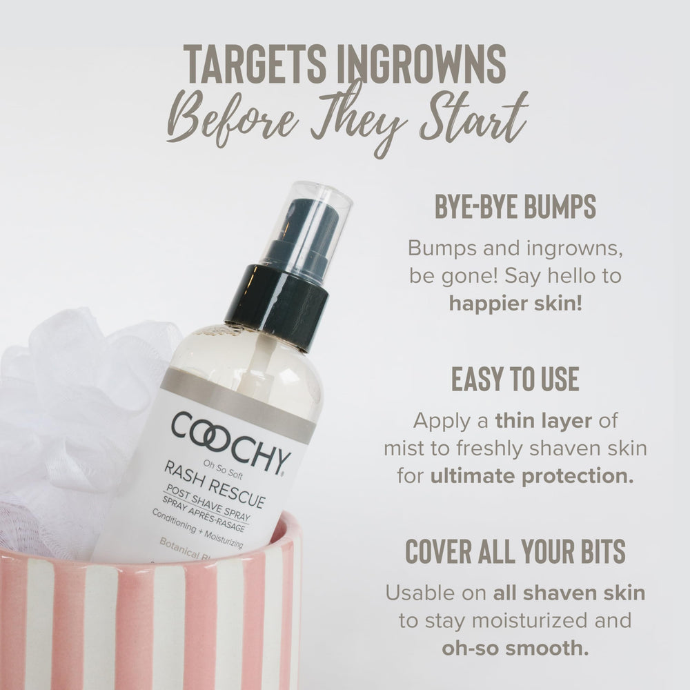Coochy Rash Rescue daily-use hydration bottle emphasizes long-lasting moisture for sensitive skin.