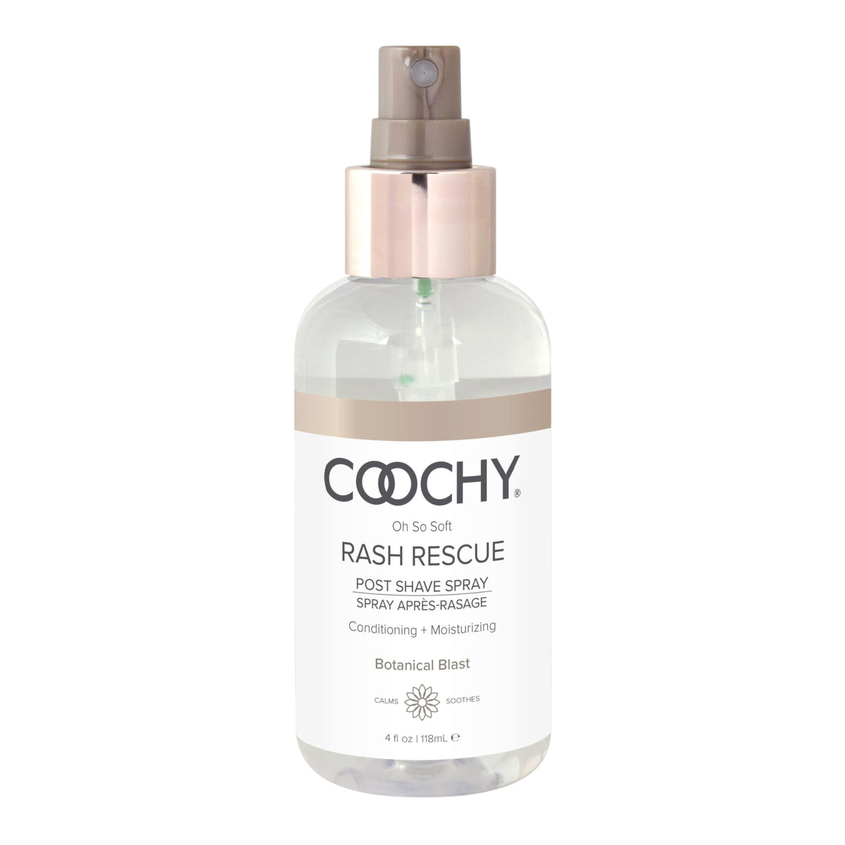 Coochy Rash Rescue post-shave spray bottle on a bathroom counter delivering soothing botanical hydration.