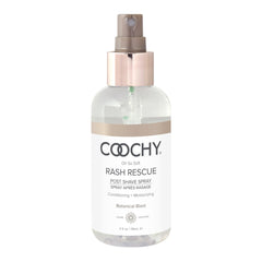 Coochy Rash Rescue post-shave spray bottle on a bathroom counter delivering soothing botanical hydration.